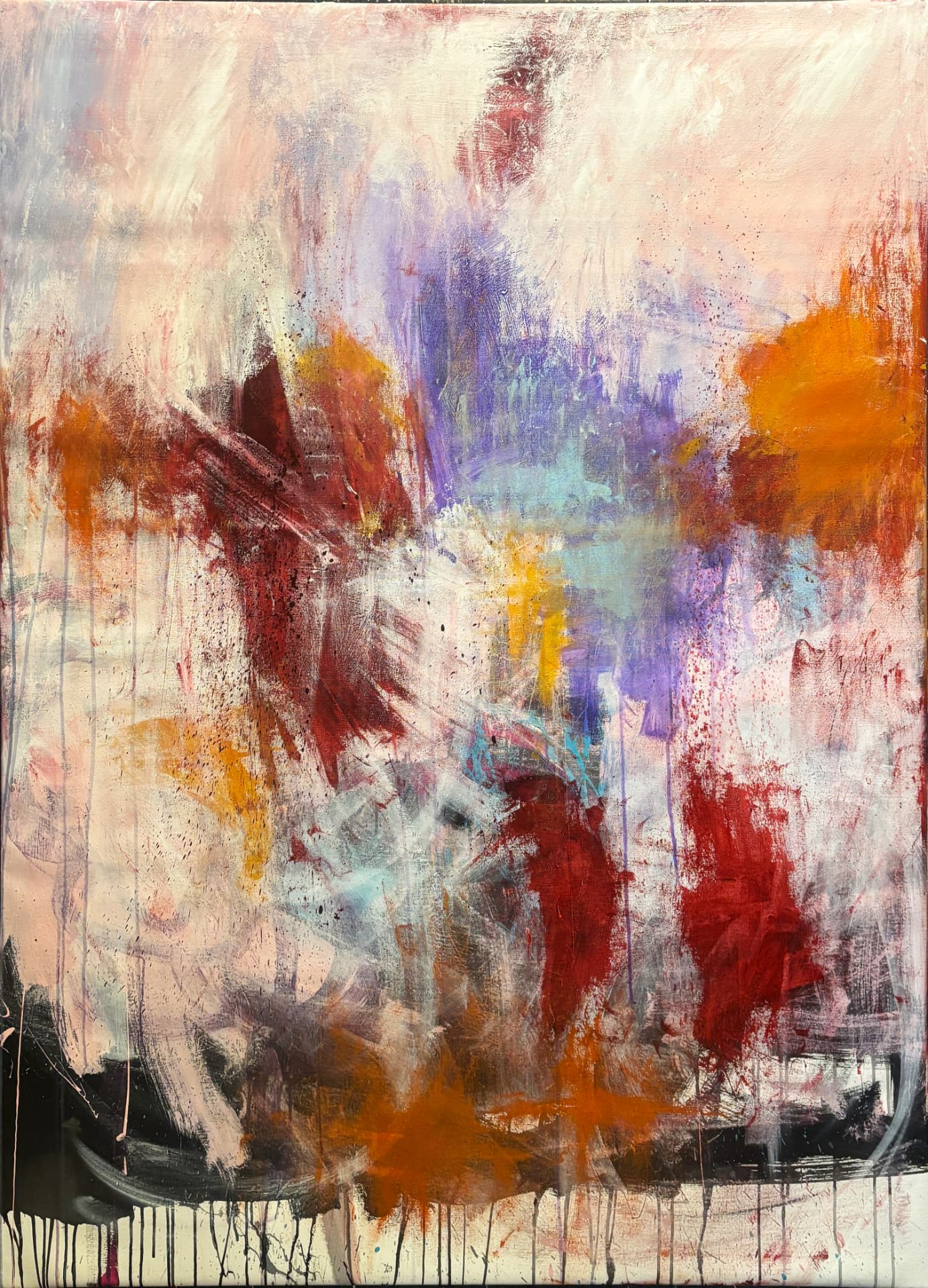 Original Elliott From abstract painting: crimson, orange and violet brushwork over a cream ground with paint drips