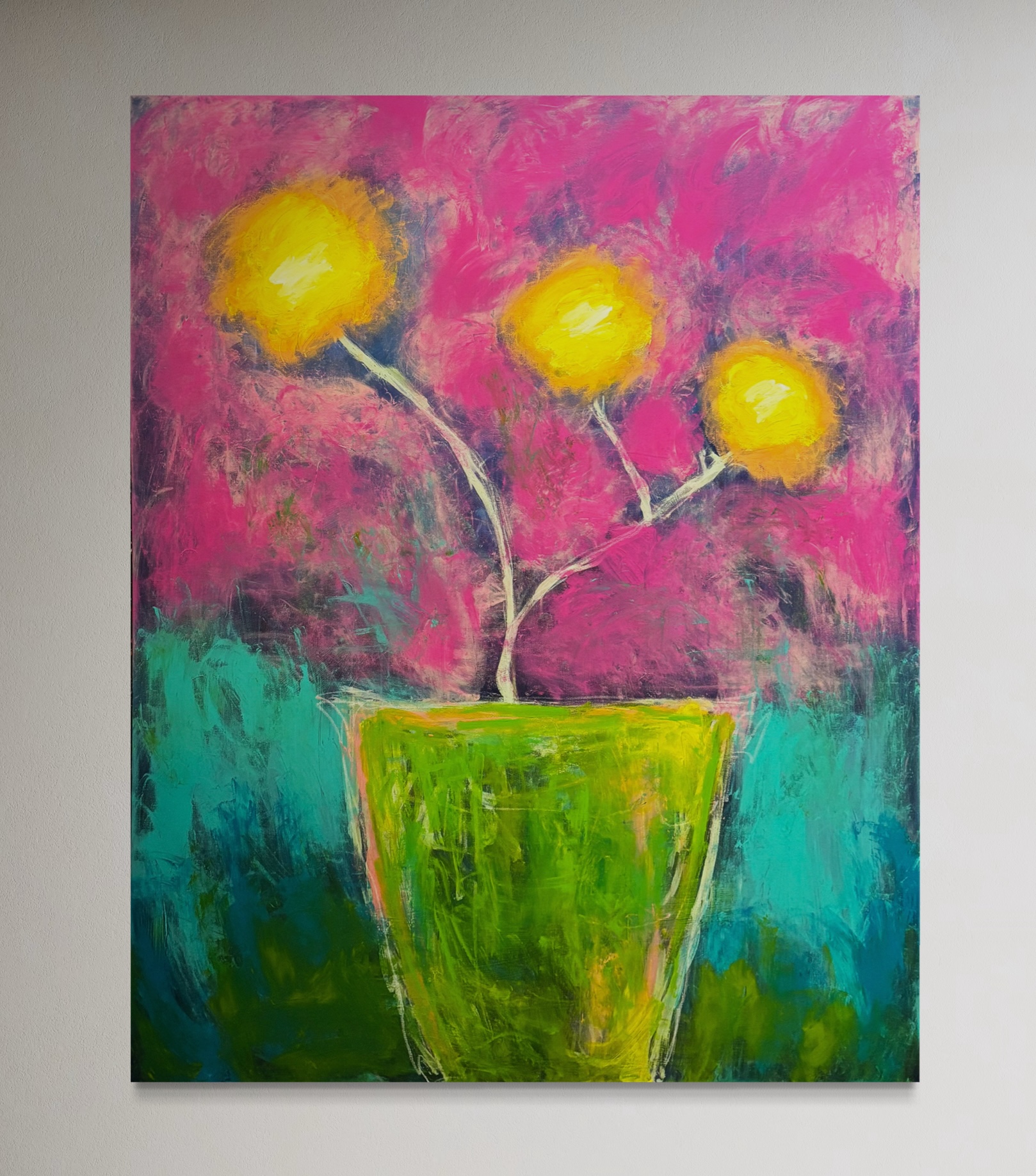Original painting by Elliott From: three golden blooms in a lime-green vase against magenta and teal